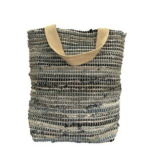 Denim Strung Tote Shoulder Bag Blue & Beige with Silver Highlights 13x16